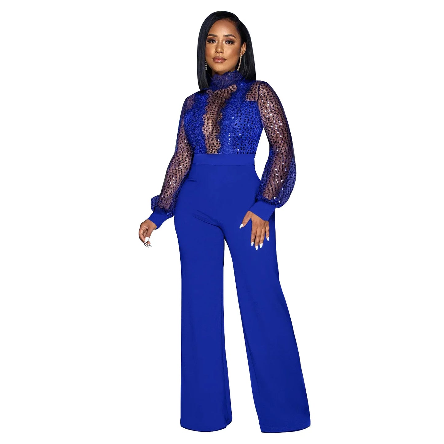 Fashion Women's Clothing Hollow Long-sleeved Loose Wide Leg Jumpsuits Overall Pants Solid Color Sexy Lace