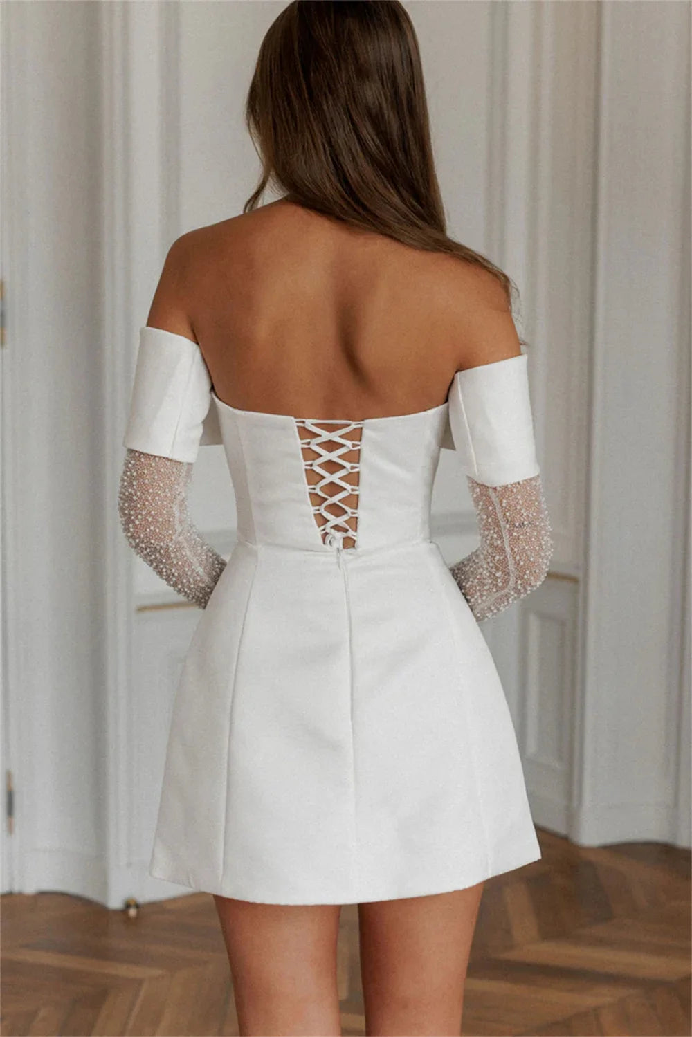 Amanda Stain Off the Shoulder Long Sleeve robes de soirée A-Line Up to Thigh Length Evening Dresses Valentines Day Wedding Dress