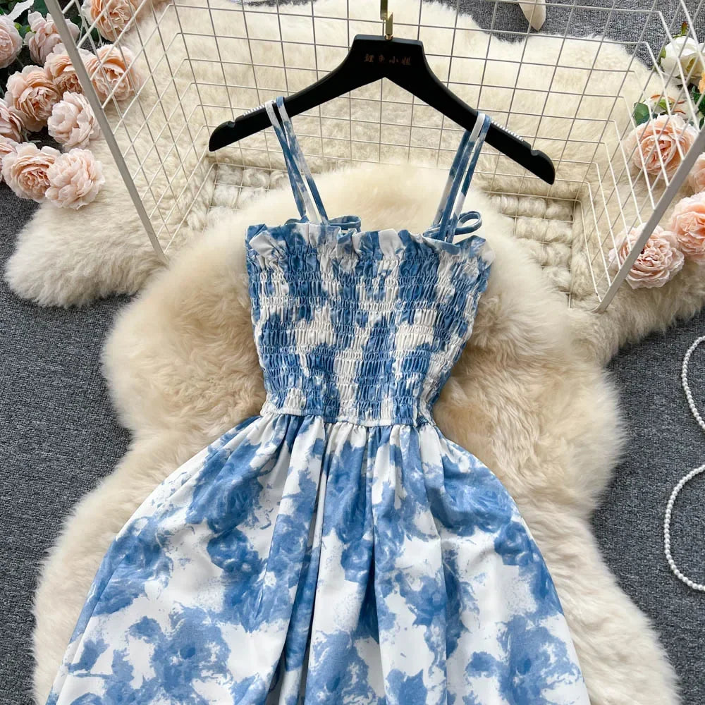 2024 New Summer Korean Fashion Rose Flower Print Romantic Retro Party Dress Elastic High Waist Vacation Long Dress Beach Vestido
