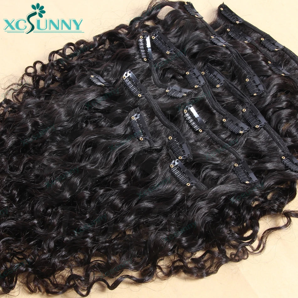 Seamless PU Clip In Hair Extensions Human Hair Water Wave Burmese Weft Clip Ins Extensions Curly 100g/120g/200g/240g