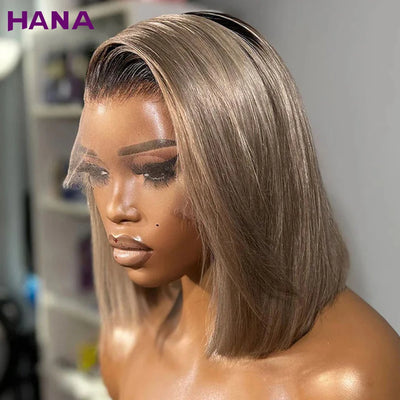 Ombre Ash Blonde With Brown Roots Colored Short Bob Wig 13x4 Lace Front Wig 180% Density Straight Human Hair Wig For Black Women