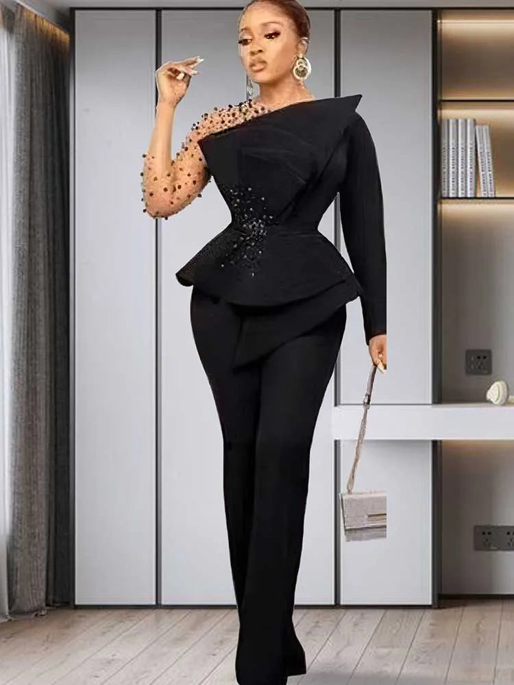 Spring 2 Pieces Set for Woman Pearl Top with Sleeves Pants Suit Women Outfit Elegant Classy Evening Wholesale Dropshipping
