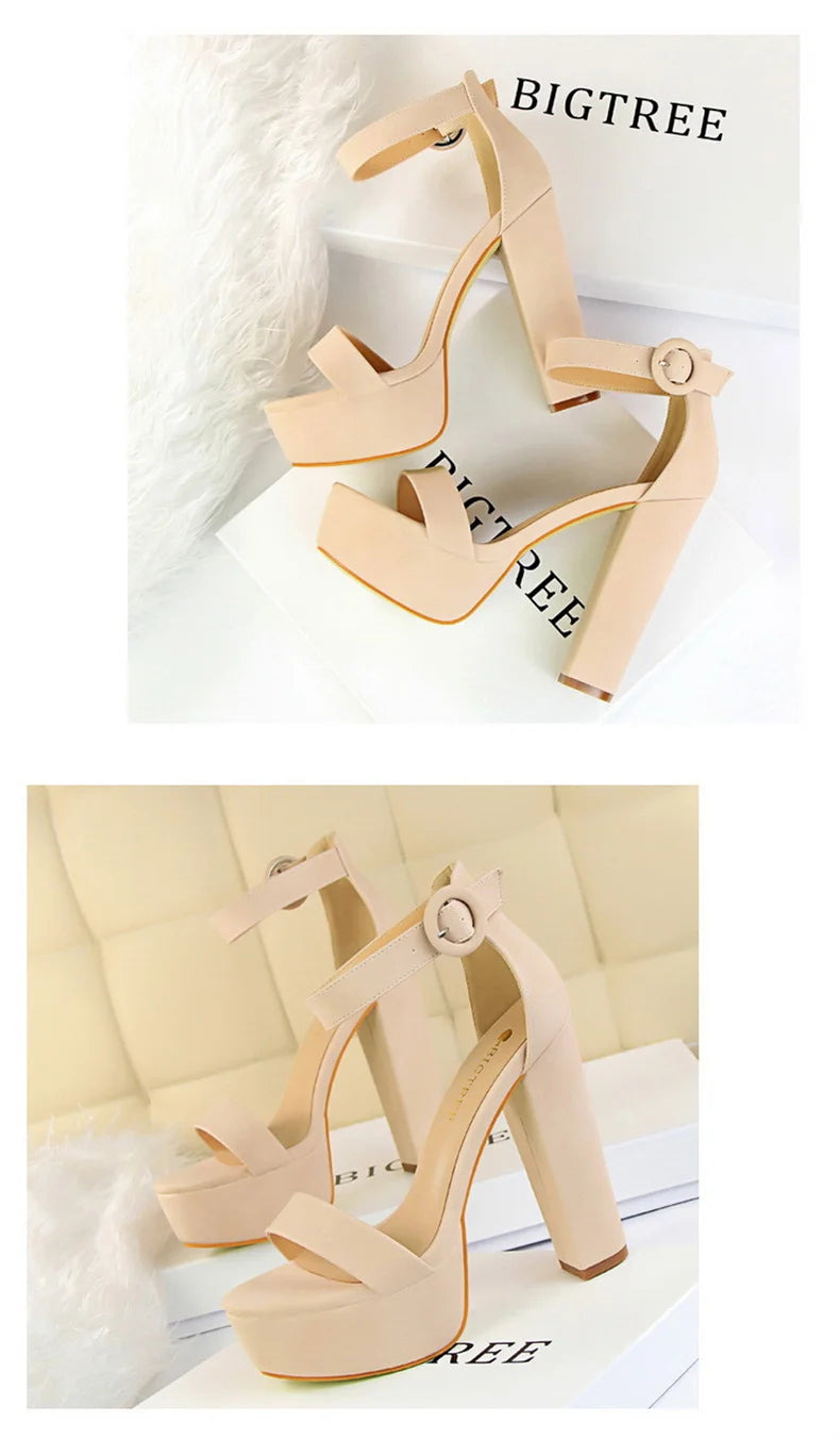 Fashion Women Pumps Sandals Summer Platform Belt Buckle Strap PU Square Heel Outdoor Korean Style Black Open Toe Grace 1550-1
