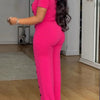Znaiml Women Elegant Long Jumpsuits for Party Summer Short Sleeve Buttons Solid Color Wide Leg Pants Rompers One Pieces Overalls