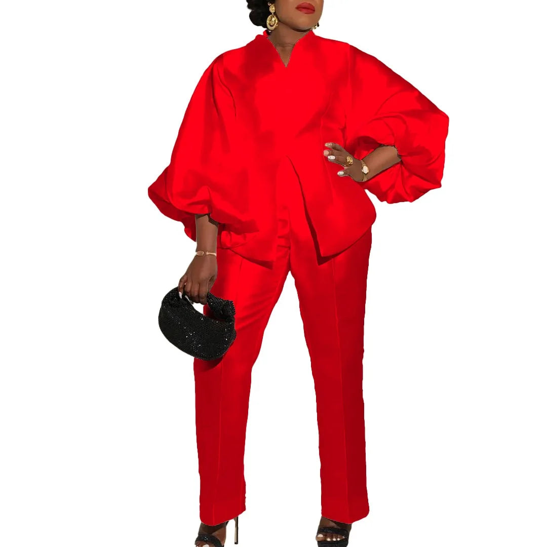 Luxury 2 Pieces Pants Sets for Women Satin Blouse V Neck Full Sleeve & Long Trousers Straight Elegant Ladies Outfits Pants Sets