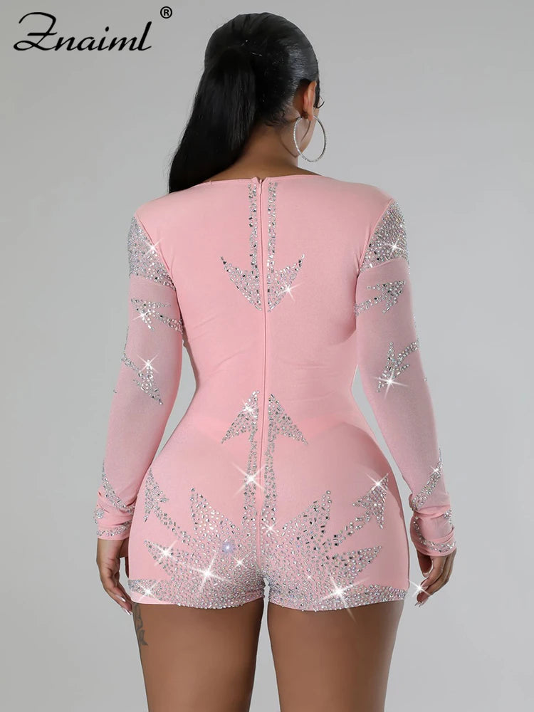 Znaiml Elegant Long Sleeve Playsuit Nightclub Rompers Birthday Outfits Woman Sparkly Diamonds Rhinestone Short Jumpsuits Luxury