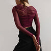 CUTENOVA Chic Design Cross Neck Crop Top Solid Color Mesh See Through Sexy Pleated Long Sleeve Elegant T-Shirt For Women Casual