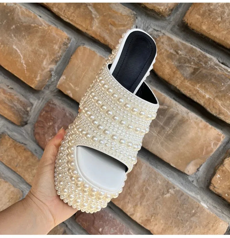 Luxury Handmade Full Rhinestones Platform Wedges Women Slippers Sandals Fashion Summer High heels Mules Slides Chunky Shoes