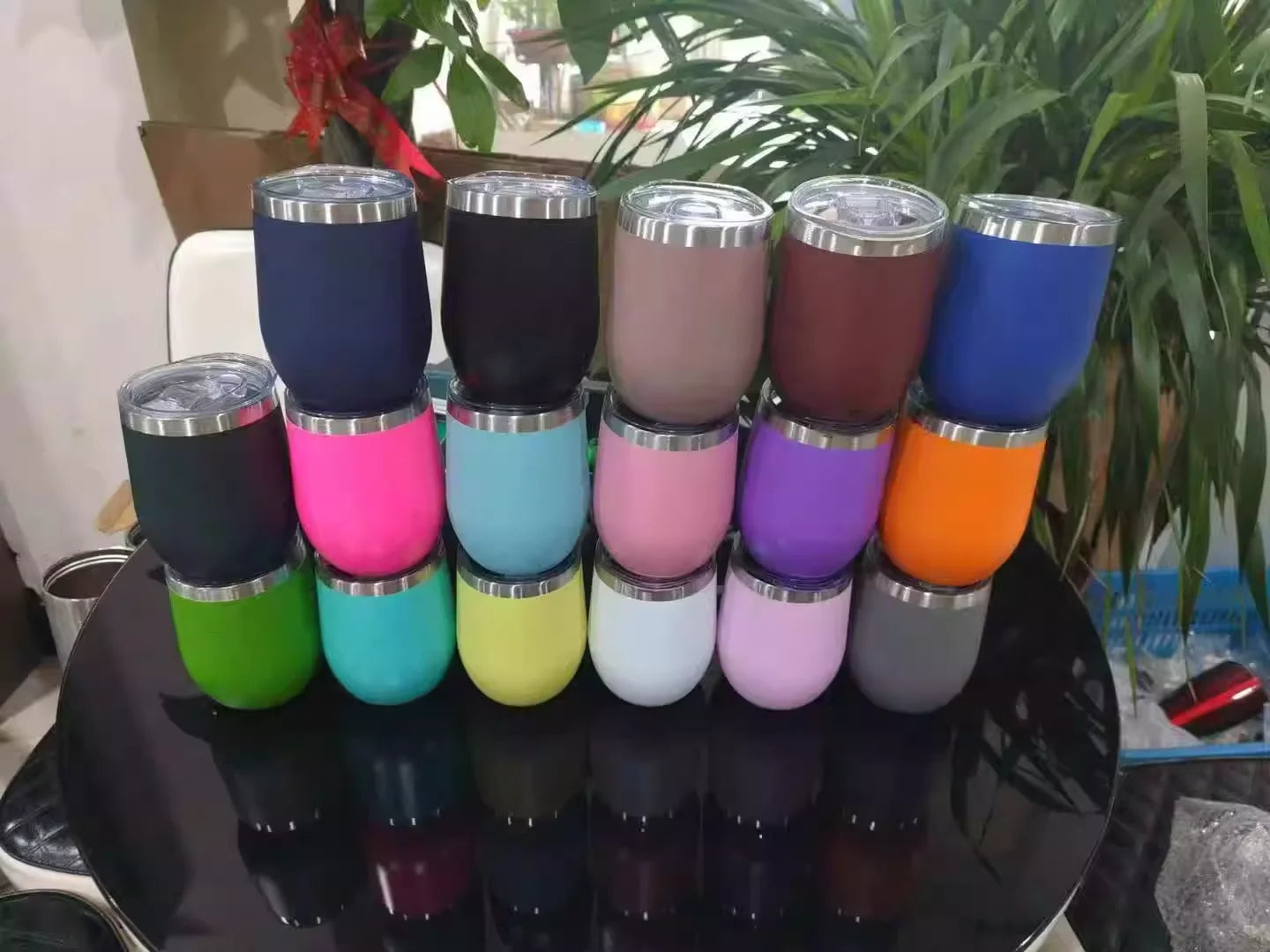 50pcs Custom 12oz double wall stainless steel wine tumbler insulated vacuum egg shape wine tumbler with sliding lids