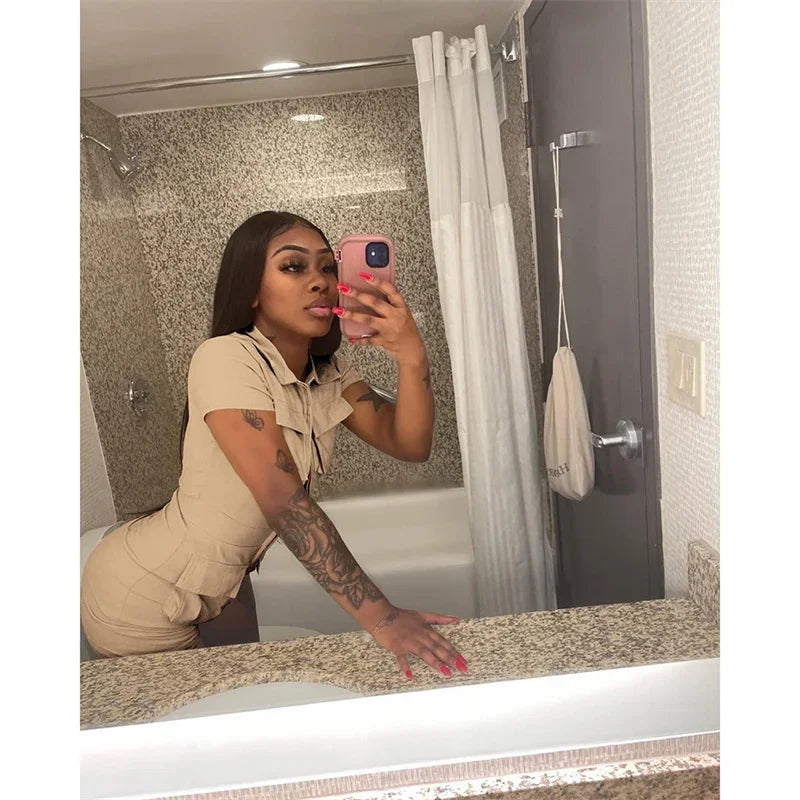 Streetwear Zipper Pockets Shorts Jumpsuit Women Clothing Short Sleeve Skinny Cargo Playsuit Summer Casual One Pieces Romper