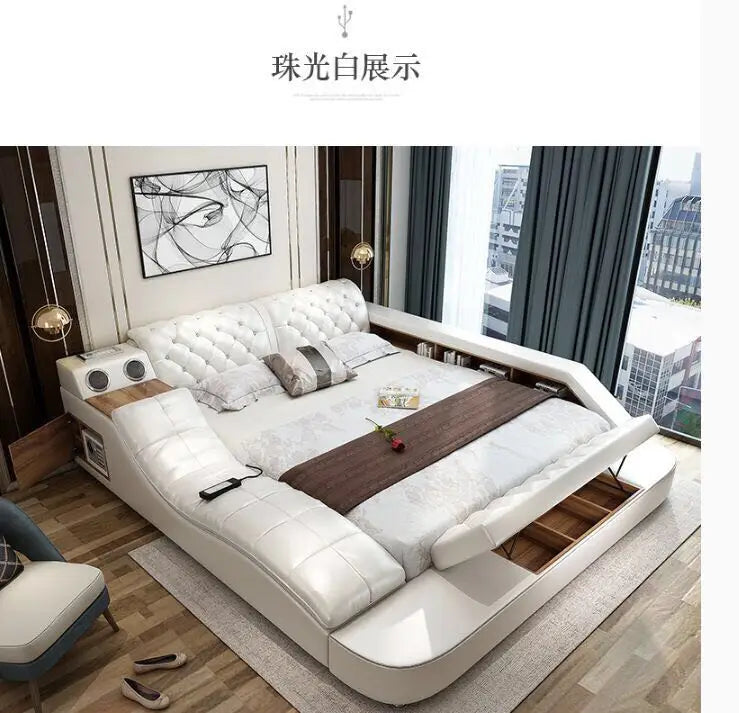 MANBAS Tech Smart Multifunctional Bed Frame with Genuine Leather, Bluetooth Speaker, and Massager Ultimate Soft Lit Tatami Camas