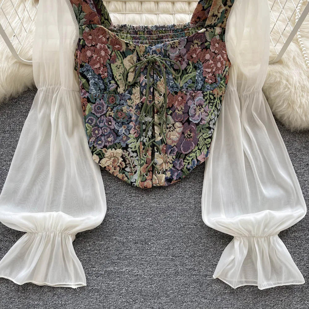 YuooMuoo Women Tops 2025 Spring Retro Y2K Rose Flower Print Long Sleeve Gothic Shirts Fashion Irregular Bandage Party Blouses