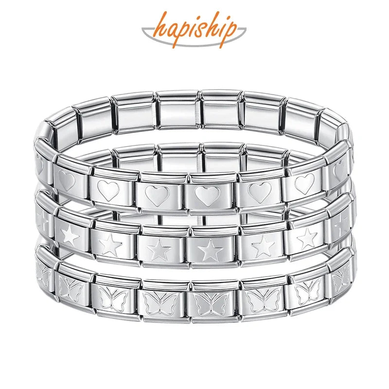 Hapiship 2024 Women's Jewelry 9mm Width Itanlian Elastic Star Heart Butterfly Charm Bracelet Fashion Stainless Steel Bangle ST-