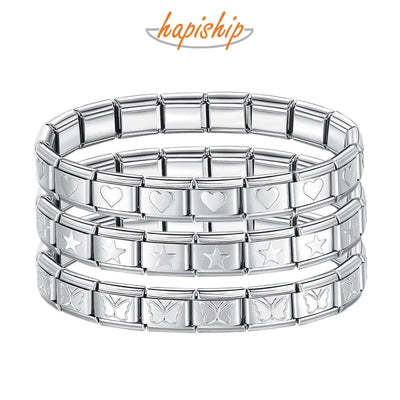 Hapiship 2024 Women's Jewelry 9mm Width Itanlian Elastic Star Heart Butterfly Charm Bracelet Fashion Stainless Steel Bangle ST-