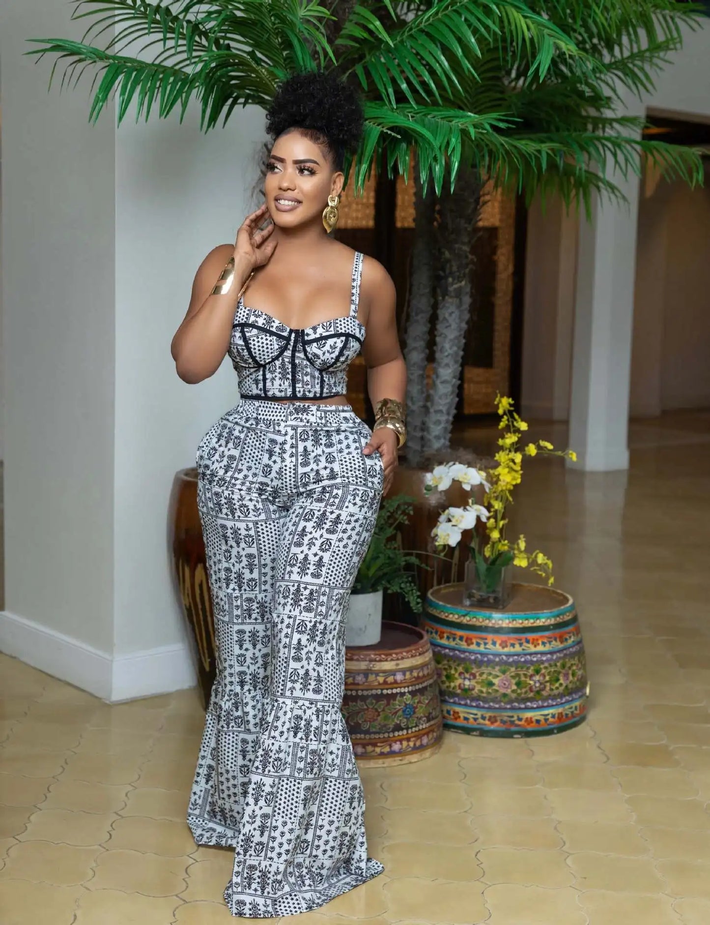 CM.YAYA Women's Set Print Strapless Bra Top and Flare Pants Suits 2025 Summer Street Party Two 2 Piece Sets Outfits Tracksuit