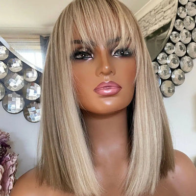 Ash Blonde Balayage Ombré Roots Cute Bangs Wig 100% Premium Virgin Human Hair HD Lace Front Wig 150 Density Straight Bob Wig