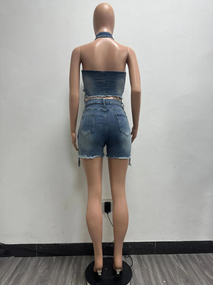 2025 Summer Fashion Denim Woman Sets Y2k Sexy Street Clothes Sleeveless Zipper Tops and Shorts 2 Two Piece Set Jeans Outfit