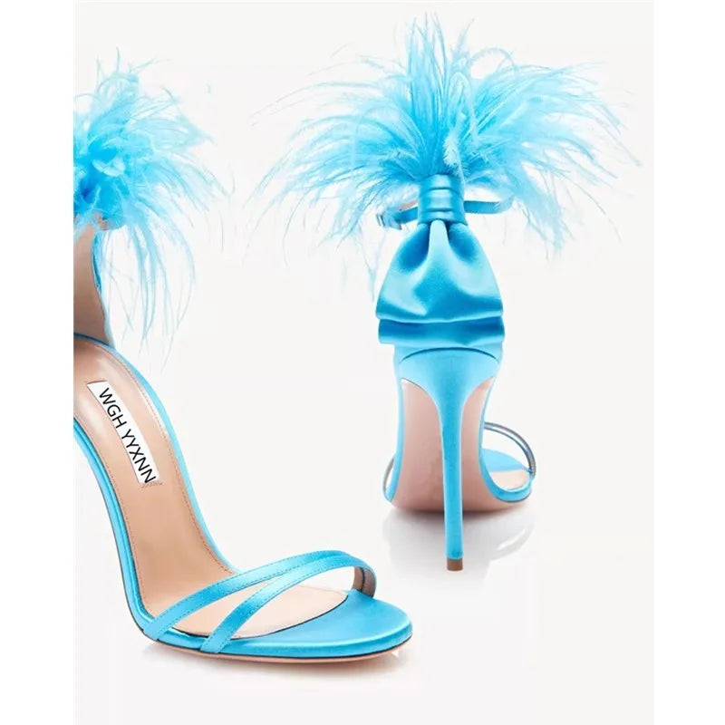 Summer new feather flower silk ribbon sexy open-toe sandals thin high-heeled banquet dress fashionable large-size women's shoes