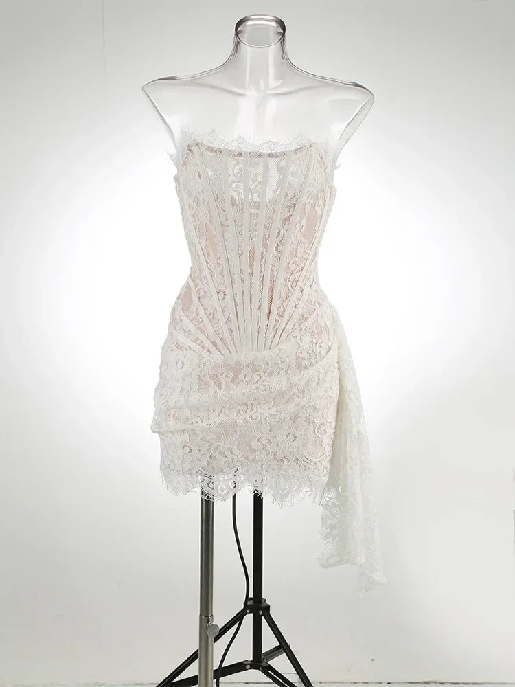 XIAOTANG Elegant Lace Strapless Sexy Mini Dress for Women Fashion Off-shoulder Irregular Ruched Bodycon Night Club Party Dress