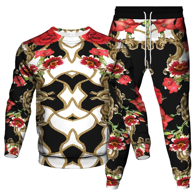 Vinatge Luxury Baroque Style Clothing Suit Men Jogging Pant Sweatshirt 2 Piece Set New Women Fashion Streetwear Tracksuit Set