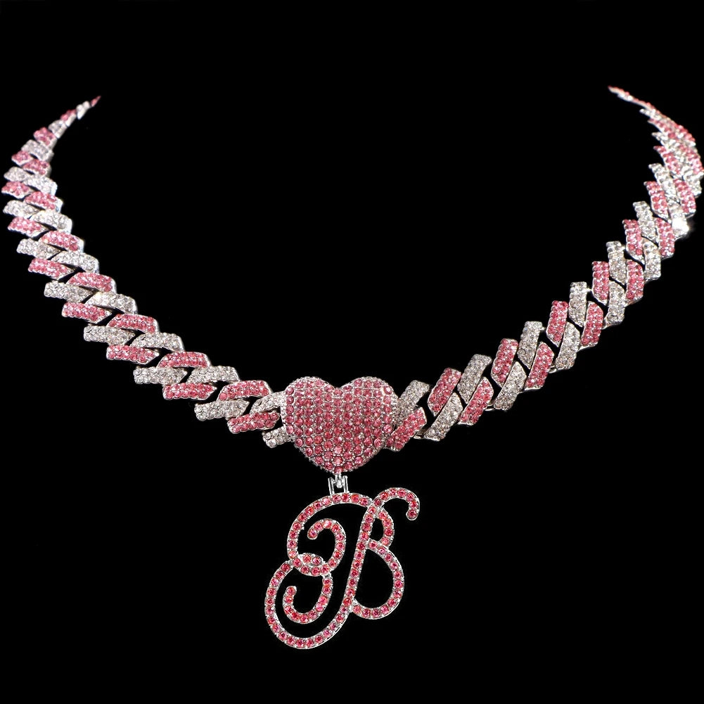 Hip Hop Bling Pink Crystal Cursive Initial Letter Cuban Necklace for Women Iced Out Paved Cuban Chain Necklace Choker Jewelry