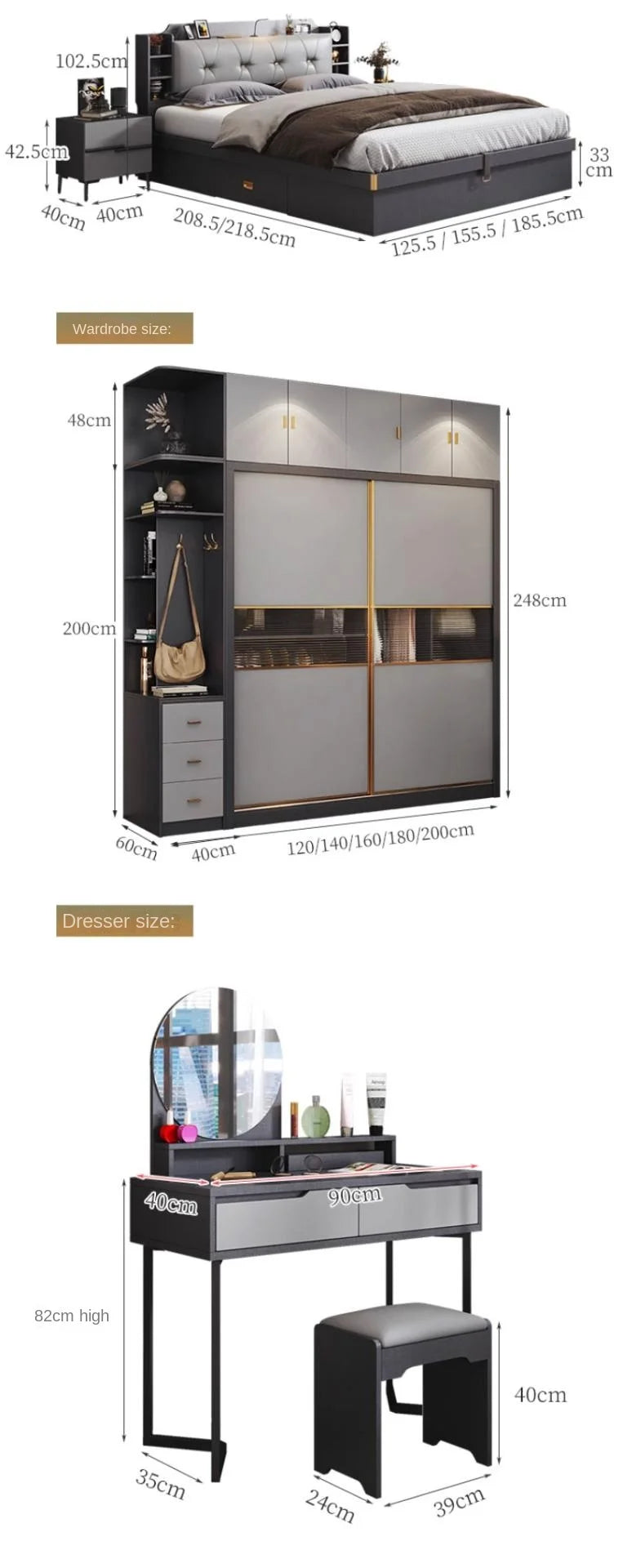 Minimalist Modern Full Bedroom Set Design Dresser Comfy Storage Double Bedroom Set Elegant Black Letto Matrimoniale Furniture