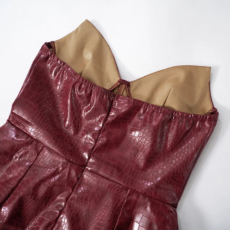 Luxury Leather Strapless Short Dress Women's Hot Summer Backless Sexy Party Curvy Dresses 2025 Evening Red Brown Hip Pacage  Y2K
