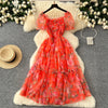 Elegant Slash Neck Vintage Short Puff Sleeve Chic Print Slim Chiffon Dresses French High Street Evening Autumn Mesh Clothing