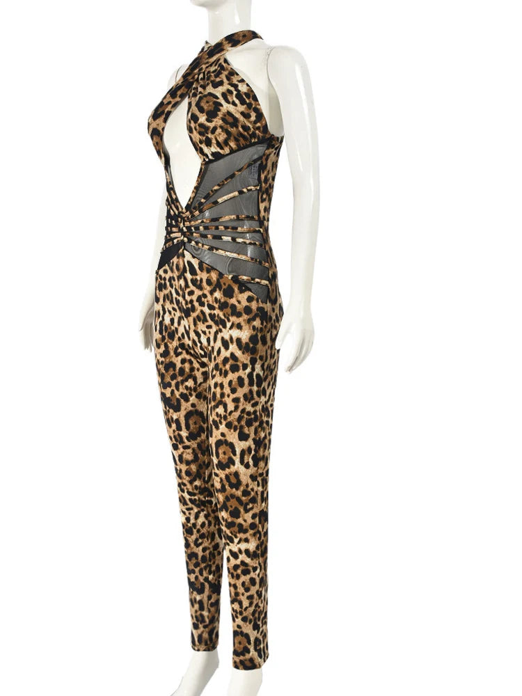 Beyprern Wild Cut-Out Leopard Print Corset Jumpsuit Fitness Rompers One Piece Outfits Womens Mesh Patchwork Long Pants Overalls