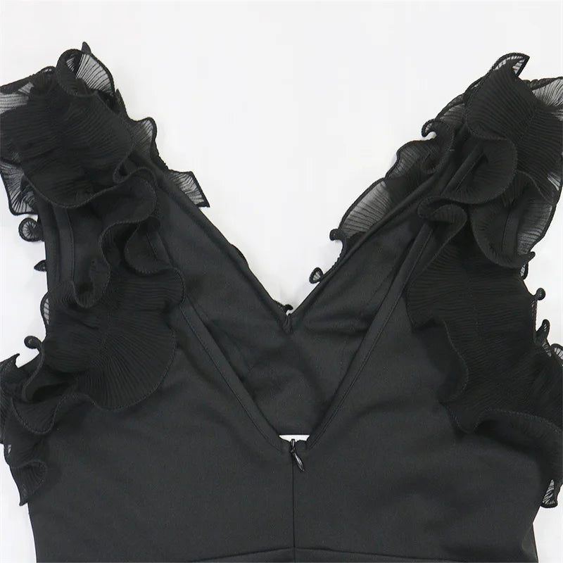 New 2025 Summer Women V Neck Sleeveless Elegant Straight Jumpsuits Edible Tree Fungus Sexy Birthday Party Jumpsuit Rompers Black