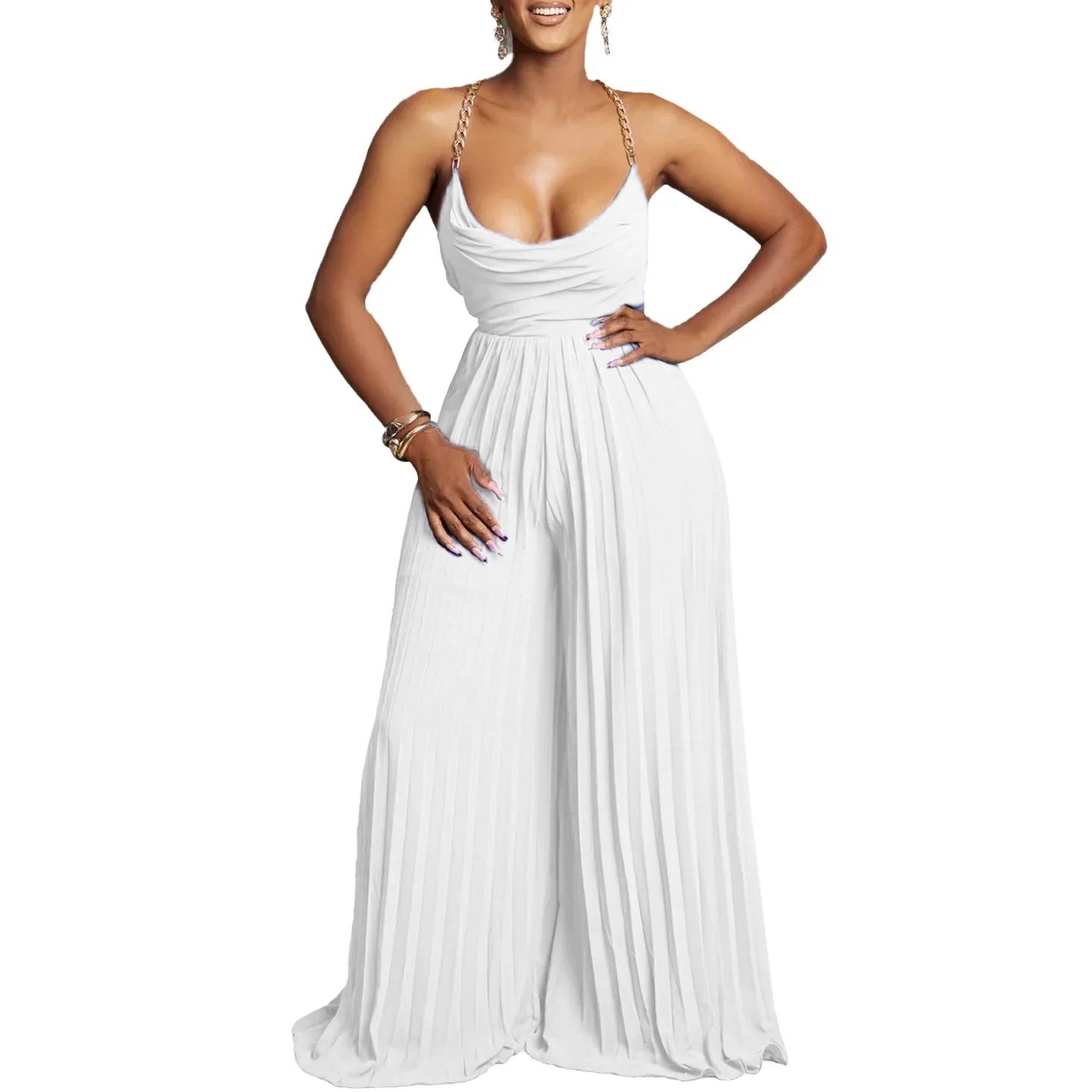 Jumpsuits Women One Piece Pleated Slim Party Night White Overalls Sexy Sling Sleeveless Wide Leg Long Pants High Waist Rompers