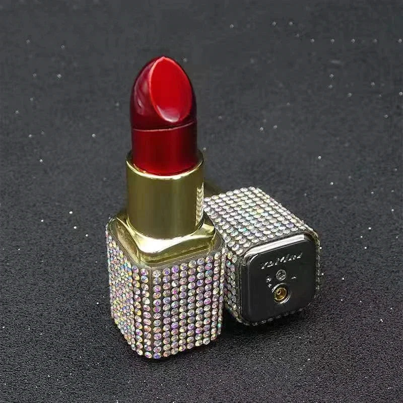 Luxury Diamond Lipstick Inflatable Lighter Mini Butane Pink Water Diamond Portable Lighter High End Women's Smoking Gift