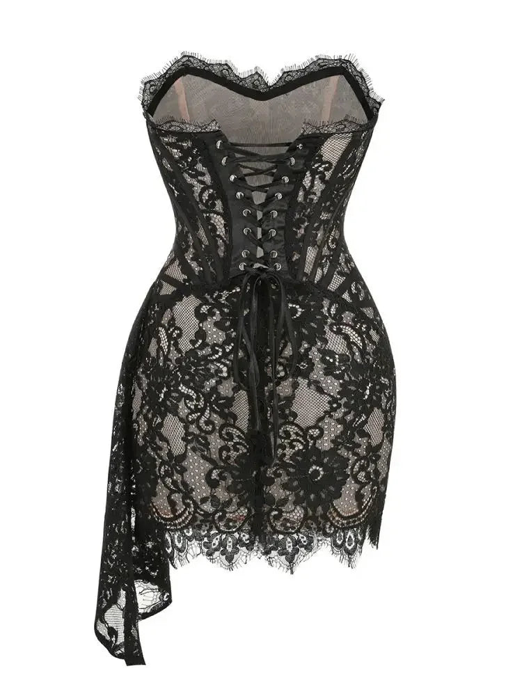 XIAOTANG Elegant Lace Strapless Sexy Mini Dress for Women Fashion Off-shoulder Irregular Ruched Bodycon Night Club Party Dress