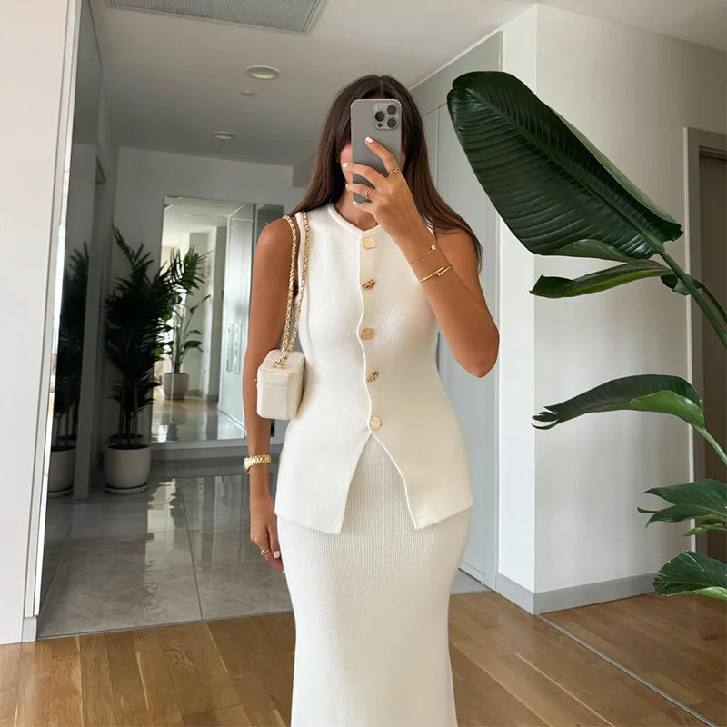 Elegant Knit Vest Suits Women Solid Single Breasted O-neck Sleeveless Slim Waistcoat Bodycon Midi Skirts 2025 Spring Lady Outfit