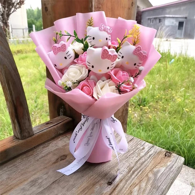 Anime Hello Kitty Cartoon Plush Bouquet Sanrio Artificial Rose Flowers Doll Christmas Home Wedding Decoration Valentine's Day Gi