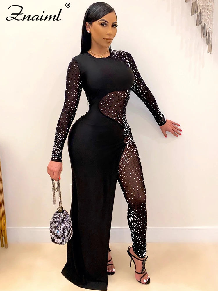 Znaiml Luxury Women Long Sleeve Sheer Mesh Patchwork Skinny Night Party Club Romper Overalls Birthday Sexy Rhinestone Jumpsuits