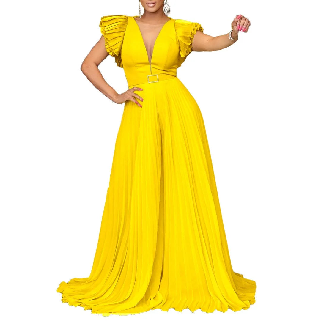 Elegant Pleated Jumpsuits & Rompers for Women V Neck Ruffles Belt Waisted High Waisted Floor Length Luxury Birthday Party Outfit