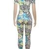 Joskaa Colorful Print Sporty Jumpsuit Women Hipster O-Neck Short Sleeve Skinny Rompers 2025 Summer Fashion Overalls Streetwear