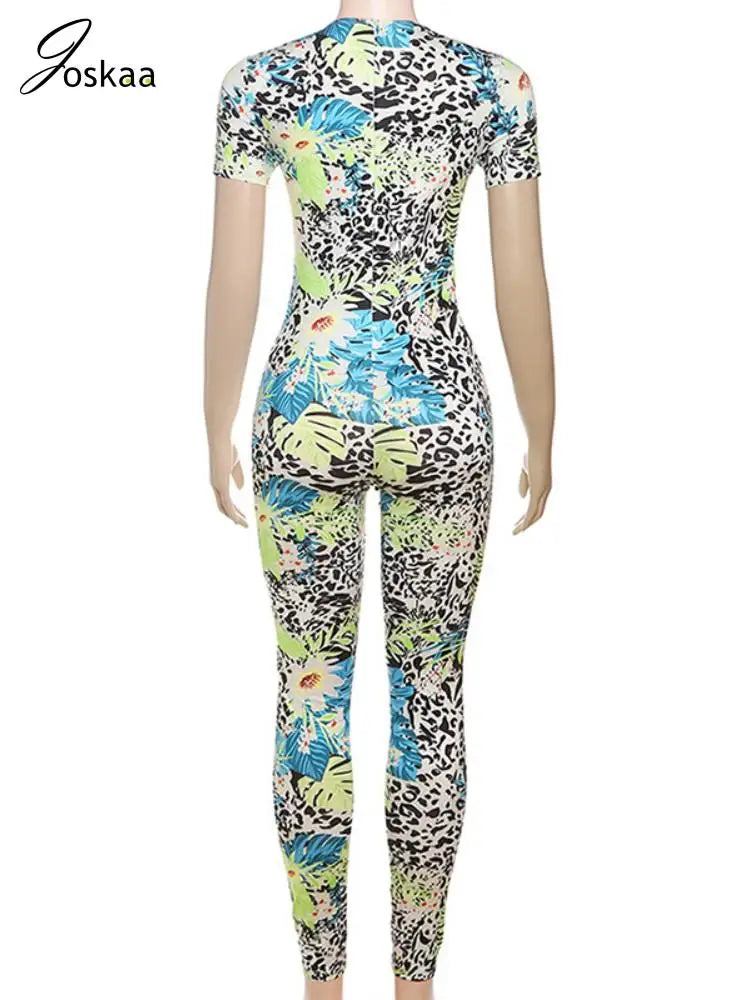 Joskaa Colorful Print Sporty Jumpsuit Women Hipster O-Neck Short Sleeve Skinny Rompers 2025 Summer Fashion Overalls Streetwear
