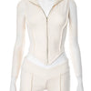 Weird Puss Lines Patchwork 2 Piece Set Women Zipper Cardigan Irregular Crop Top+Skinny Peach Hip Shorts Simple Sporty Streetweas