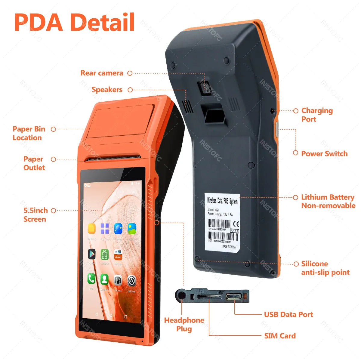 Handheld POS Receipt Printer for Android 8.1 1D 2D QR Barcode Scanner PDA Terminal Support 3G WiFi Touchscreen 58mm Width