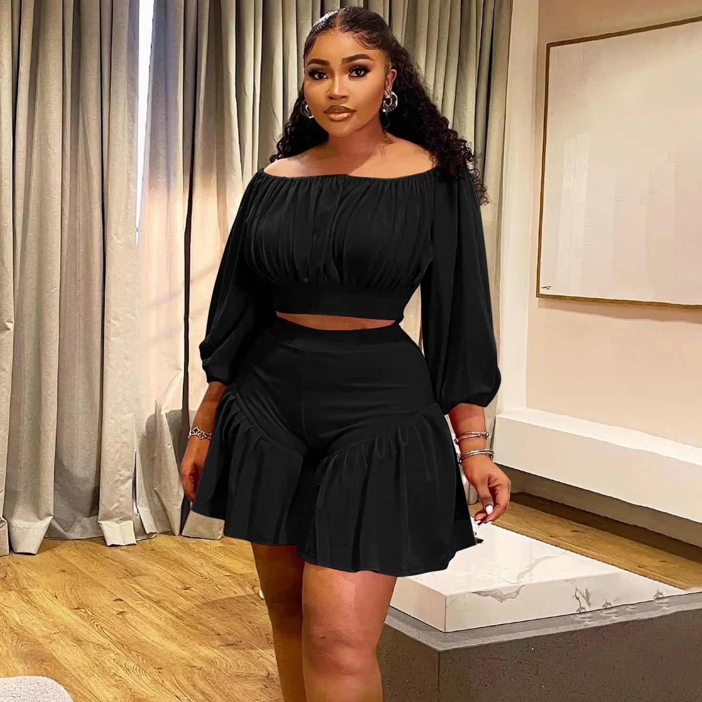 Customized Plus Size Women's Set Long Sleeve Slash Neck T-Shirt and Shorts 2025 Summer Ruched Two 2 Piece Set Outfits Tracksuit