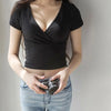 New Summer Black Sexy V-neck T-shirt Short Sleeve Y2k Crop Top Women Clothes Streetwear Korean Fashion Corset Tops Tshirts 2023
