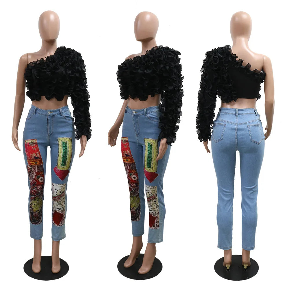 CM.YAYA Women Ruffles One Sleeve Skew Collar Tunic Blouse and Shirt Tops 2024 Summer Streetwear Night Club Party Beach Tops