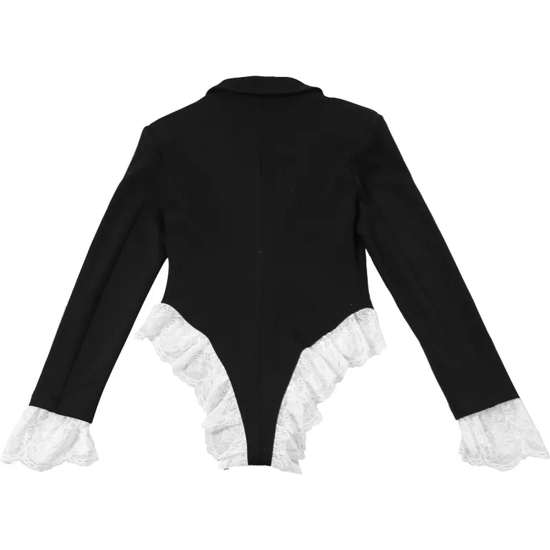 Joskaa Women Lace Patchwork Black Blazer Bodysuits Sexy Deep V-Neck Long Sleeve One Piece Rompers Coquette Midnight Clubwear