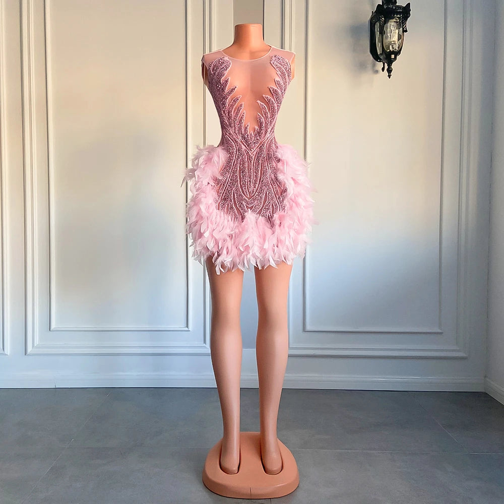 Luxury Sheer Neckline Women Cocktail Dress Pink Feather Black Girl Short Prom Dresses 2026 For Birthday Party