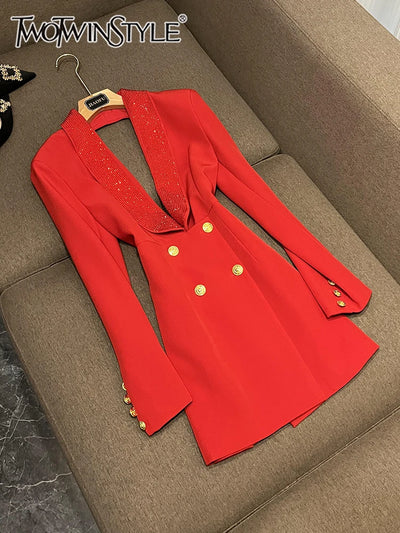 TWOTWINSTYLE Solid Hollow Out Blazer For Women Shawl Collar Long Sleeve Tunic Spliced Button Temperament Blazer Female KJA501707