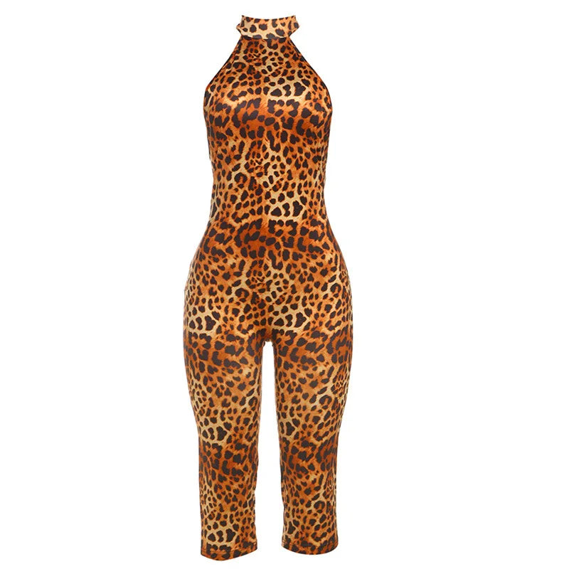Floral Print Summer Skinny Capris Pants Jumpsuits Women Sexy Sleeveless Lace Up Halter Backless Ruched Peach Hips Slim Rompers