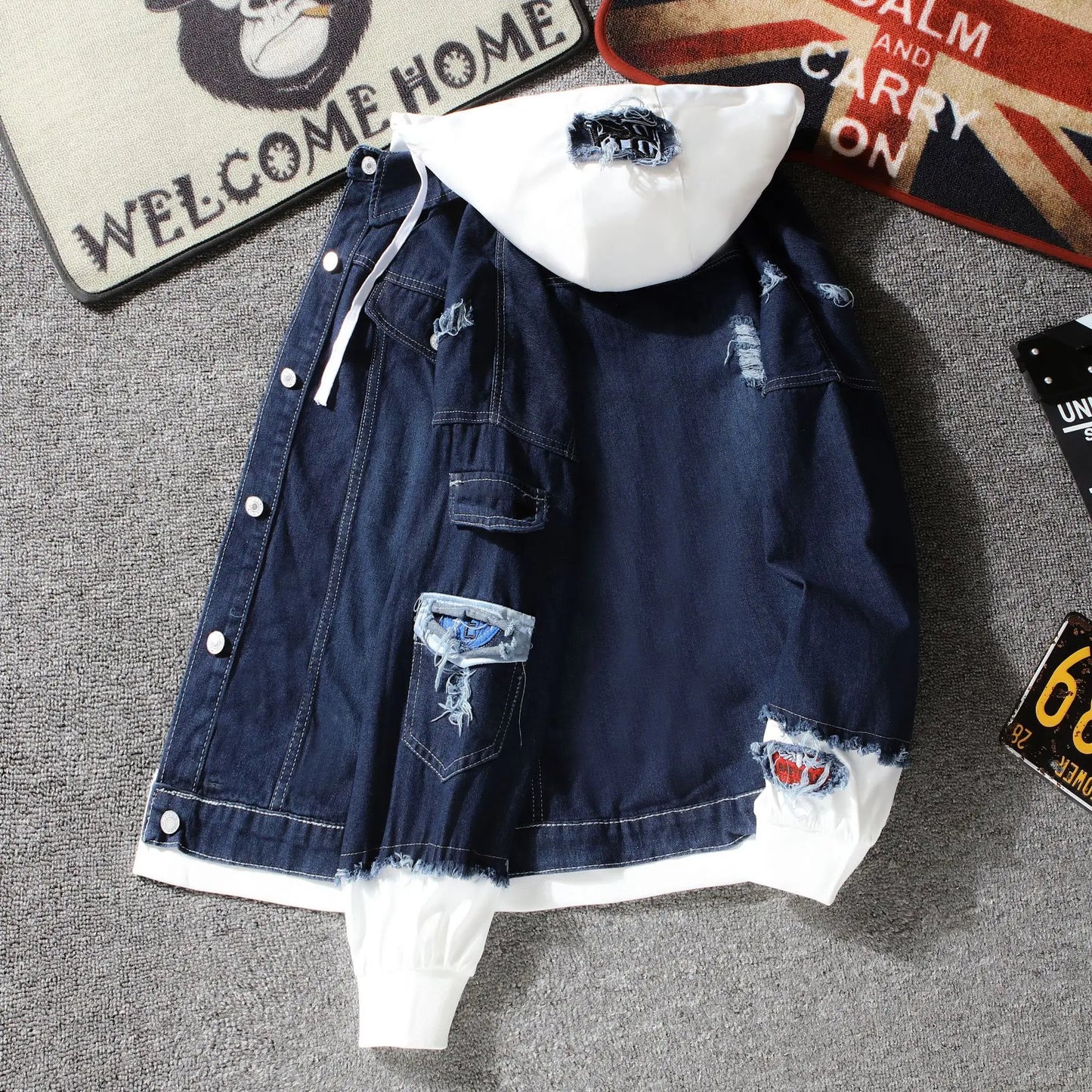 Autumn New Men's Fashionable Casual Street Hip-hop Denim Jacket Fake Two-piece Hooded Single Breasted Slim Fit Denim Jacket