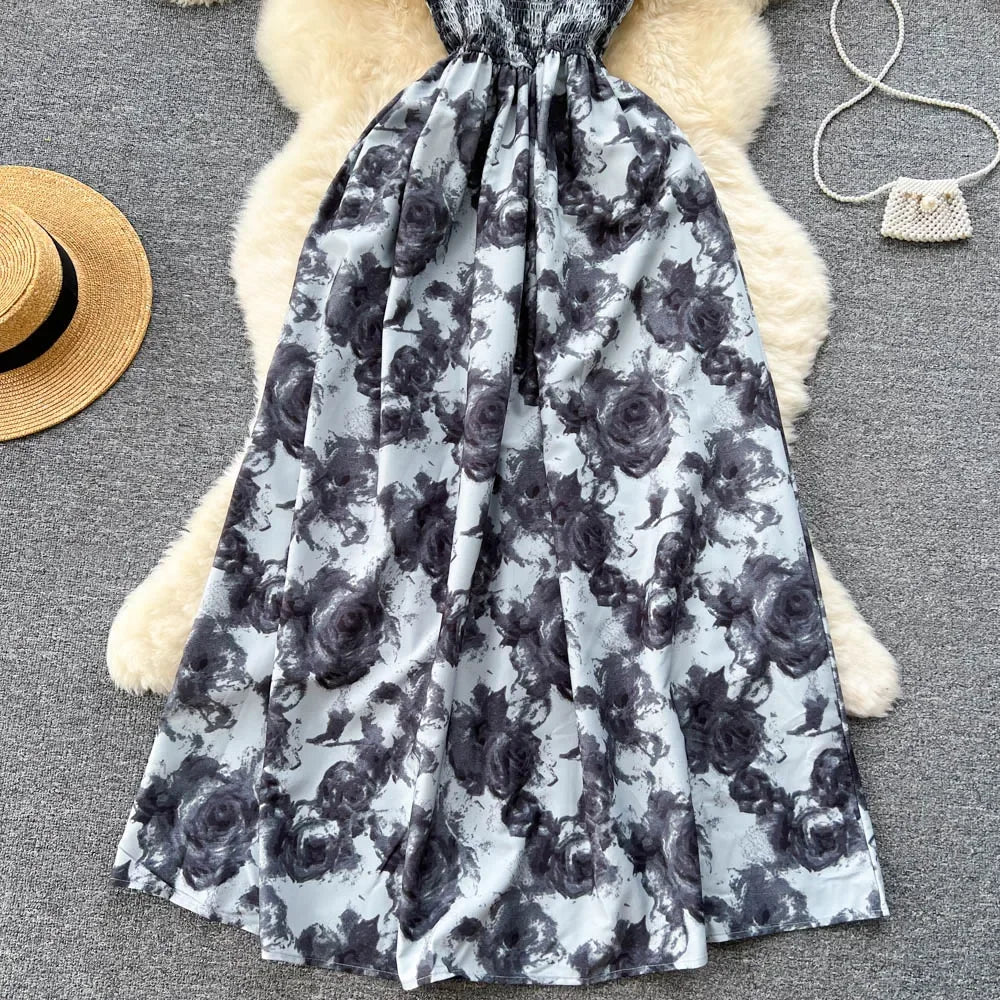 2024 New Summer Korean Fashion Rose Flower Print Romantic Retro Party Dress Elastic High Waist Vacation Long Dress Beach Vestido